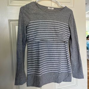 Grey long sleeve nursing tee with white stripes